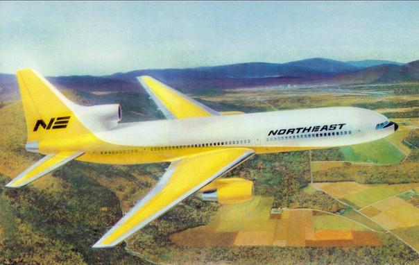 Artist rendition of an L-1011 flying left to right. It has its Yellow tail livery