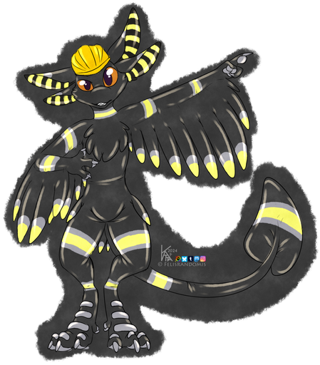 Digital art of a rubber Avali character wearing a hardhat and pointing off to the side of the viewer.