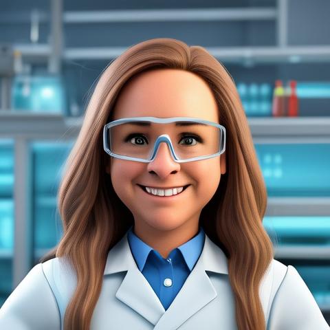 A playful cartoonish picture of a woman in a collared blue shirt and a white lab coat. She has a protective visor on. Her light brown hair is longer than shoulder length and cascades down her shoulders and her chest. It looks like a selfie taken with both hands. The smile is beaming, showing the top row of teeth. The backdrop is an out of focus chemical laboratory, light blue and grey tones.