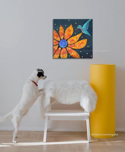 Colorful orange flower with purple center and a hovering aqua hummingbird by artist Sharon Cummings.