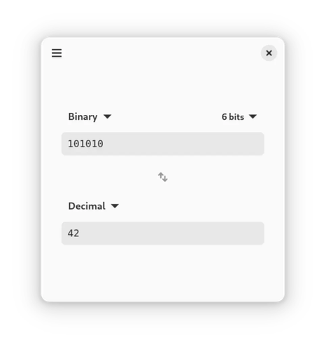 Binary window converting 101010 in binary to 42 in decimal