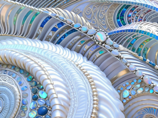 An intricate organically grown mosaic design featuring pearlescent white and blue opals with golden accents and circular layered patterns.