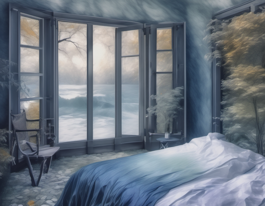 Soft morning light streams through large windows, revealing a breathtaking view of ocean waves outside. A cozy bed with crumpled white sheets occupies the blue-toned bedroom, accompanied by potted plants and trees. Watercolor style.