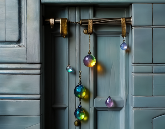 A close-up of a rustic teal wooden door, with luxurious gold hardware and dangling multicolored iridescent glass charms.