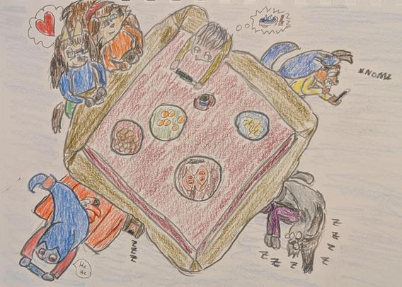 Lop Norausa, a Lepi woman, and Eli Norainu, an anthro dog man, cuddle and enjoy the company of their found family. Azusa Riyo, a Pantoran woman, and Ayame, a Mikkian woman, play Mario Kart on their Switches. Lily Ikutan, an anthro tanuki woman, munches snacks and reads a document. Silva Leon, an anthro cat woman, naps comfortably.
