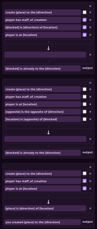 A list of rules in yarnstar, detailing the use of a "staff of creation" that allows the user to create new locations.