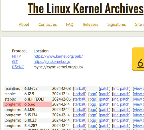 A screen capture of the index/main page of the Linux Kernel Archives website, listing the current version of each currently-maintained branch of the Linux kernel.

The long-term 6.6 branch's version is highlighted, which is "6.6.66".