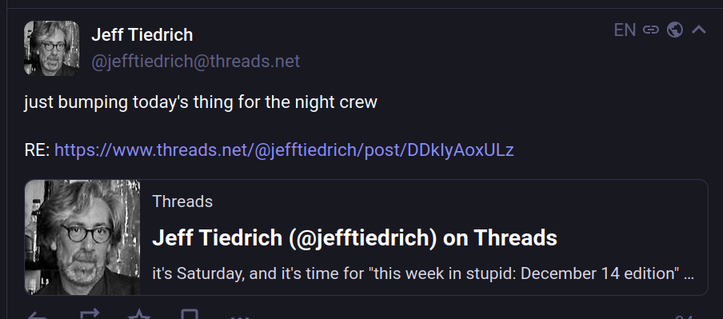 A post by Jeff Tiedrich, apparently from his threads account, and apparently not quoted or screenshotted (?) by anyone else. Just right here on mastodon.