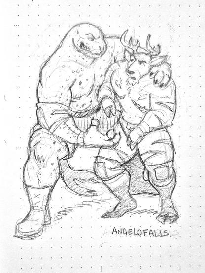 A pencil drawing of (Ray Maximus) a big trans male anthro leopard seal, crouching down and over (Tyrus Titan) a stocky trans male anthro deer who is midly annoyed and confused in the face. Ray's claws are pointed towards him while his other hand holds onto Tyrus' shoulder.

Signed, AngeloFalls