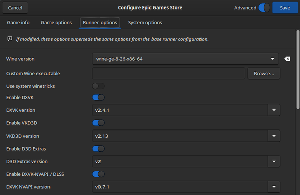 Screenshot of Lutris configuration for Epic Game Store.