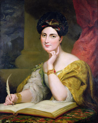 a painting of Caroline Norton in 1832, dressed in elaborate robes and writing in a large book with a quill