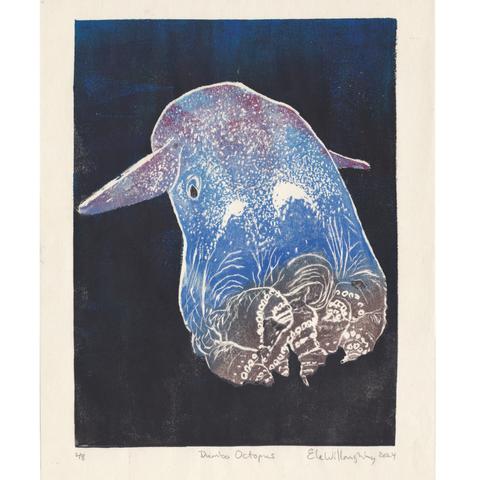 My lino block print of a charming Grimpoteuthis octopus, one of a genus of pelagic cirrate (finned) octopods known as the dumbo octopuses. The fins reminded scientists of ears on the elephant in Disney’s 1941 film Dumbo. Hence their common name dumbo octopuses. The print is 9.25” by 12.5” on delicate ivory Japanese washi paper with visible margin, number, title and signature. The background is black. The octopus is reddish on top, then dark blue, with brown legs are spiralled up and drawn in close to its body.