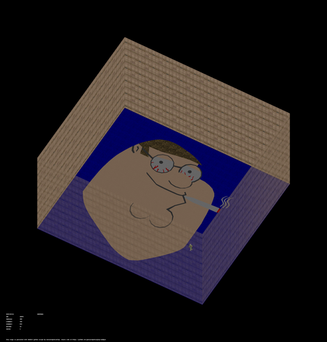 An isometric render of a Doom level featuring a sector drawing of Peter Griffin smoking a blunt. Only the head is featured, and he has blood-shot eyes. Picture generated by Wad2Pic.