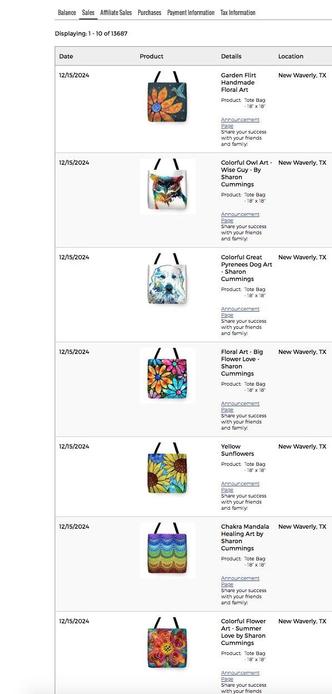 Colorful tote bags by artist Sharon Cummings.