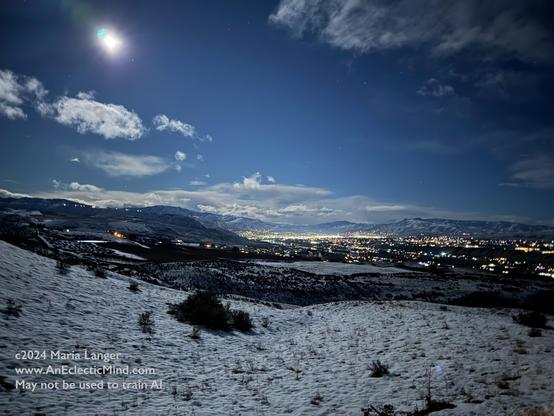 Nighttime photo from my deck looking down toward the city of Wenatchee. The sky has some clouds but is mostly clear and the full moon illuminates everything, making it look, in this exposure, like daytime.

This photo copyright 2024 by Maria Langer. All rights reserved. Neither this image nor the accompanying alt text may be used to train AI systems.