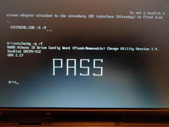 Is My CF card seen as Removable or Fixed Disk?

From http://www.dosdays.co.uk/topics/cf_cards.php:

Basically the CF card must have the capability of identifying itself as a fixed disk instead of removable media. Without this, it won't be detected as a boot drive. You could still use the CF card, but only as a non-bootable second "hard disk". If you really need to use your CF card to boot from, there is a possible way around this:

An old utility that was originally provided by SanDisk, the originators of the Compact Flash interface, called ATCFWCHG.COM ("Athens Configuration Word Change") can be used to change the 'Type' bit of a CF card to 'Fixed Disk'. These days SanDisk won't provide you with this utility but it can be found for download at various places (try Google). An older version of this utility by SanDisk called NDCFWCHG (NAND Configuration Word Change) can work for cards older than Month 1, Year 2003 - check the date code stamped on the side of your CF card. It should something like "AR" + YYMM, such as AR0301.

You will need to boot DOS and run it with the CF configured as either the master on the primary IDE interface or the master on the secondary interface. It will not work if the drive is attached as a slave or to any other interfaces.

To set a SanDisk Extreme adapter attached to the primary IDE interface to Fixed disk

ATCFWCHG.COM /P /F

To set a SanDisk Extreme adapter attached to the secondary IDE interface (Ultrabay) to Fixed disk

ATCFWCHG.COM /S /F