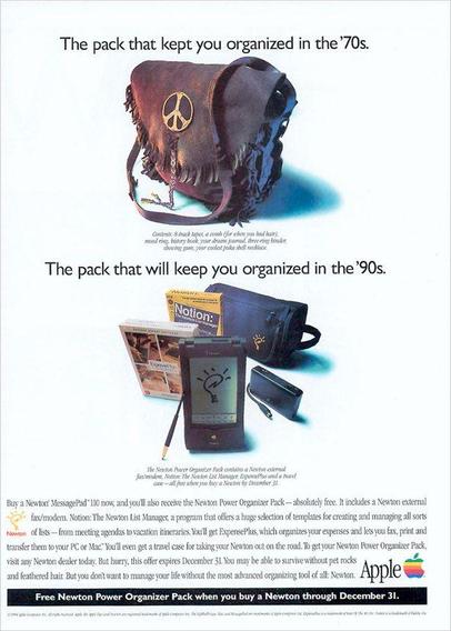 A vintage Apple advertisement that contrasts two organisational tools from different decades. The top half shows a worn leather bag with a peace symbol, representing the 1970s. The bottom half displays a Newton MessagePad 110 and its accessories, symbolizing the 1990s. The text highlights the evolution of organisational tools, promoting the Newton Power Organizer Pack, which includes a Newton external fax/modem, Notion: The Newton List Manager, ExpensePlus, and a travel case, free with the purchase of a Newton by December 31