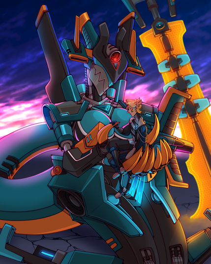 A digital drawing of a large, mechanical shark woman holding a human character delicately in their hands. The shark seems happy to see the human while the human is contemplative about the situation.