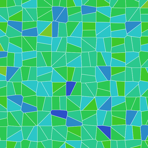 The canvas is covered by polygons colored green-ish to blue-ish according tho the number of sides. The pattern is a Voronoi diagram generated from a grid of pairs of points slightly randomly displaced. You can see a pttern like a grid of deformed square-ish shapes divided in two regions.