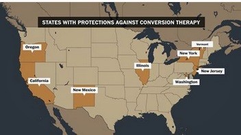 Map of the U.S. showing which states have banned conversion therapy: California, Oregon, New Mexico, Illinois, New York, New Jersey, Vermont, & Washington, D.C.