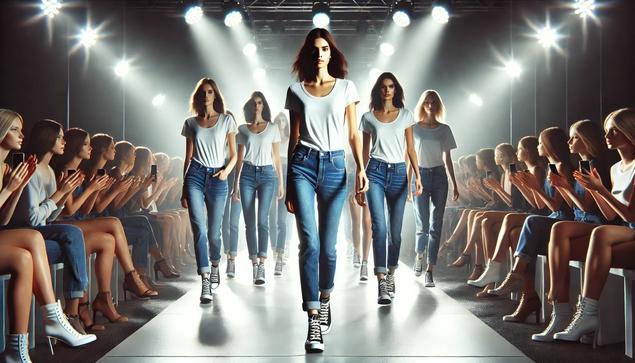 KI-generiertes Fotos von Models in Jeans und weißen T-Shirts auf dem Laufsteg
