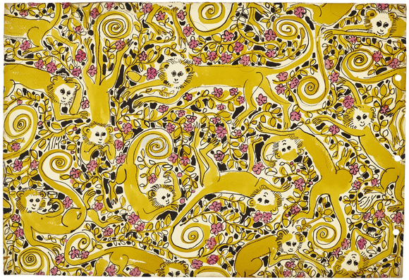 textile design print, yellow monkeys with pink flowers