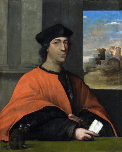Portrait of Cardinal Antonio Ciocchi del Monte (seated at table in front of window with red robe and black hat, holding paper in right hand, pet marmoset on table in lower left corner)