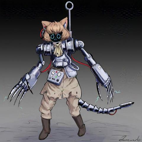 Digital drawing of a cat cyborg. More specifically a felinid servitor from warhammer 40k