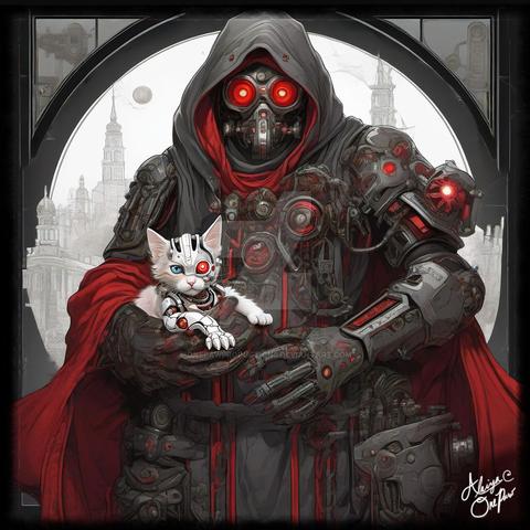 "Morgo and Meowcanicus, Family Portrait" by OnePawProductions

"Morgo the Junior Tech Priest, Third Class, and his familiar Meowcanicus the Terror to All Orks, En-Fluffenator of the Manufactorum, and Hunter of Small Rodents.

Morgo is the big grey one, and Meowcanicus is the tiny white one! Lol"