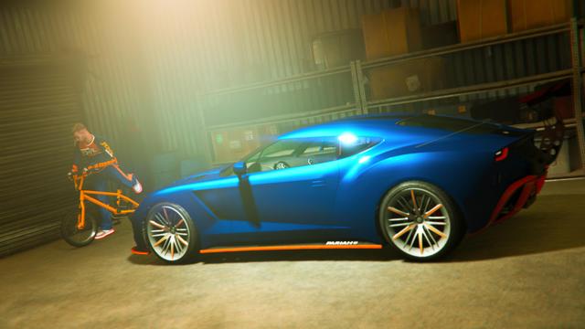 A screenshot I took in the video game GTA Online using the Rockstar Editor. It shows my first character (male) sitting on a BMX in a garage with his Pariah sports car. The BMX, his tracksuit and the car have matching colors (mainly blue and orange).