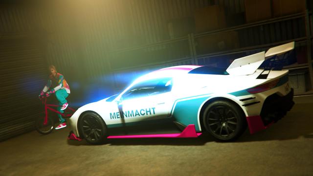 A screenshot I took in the video game GTA Online using the Rockstar Editor. It shows my second character (female) sitting on a BMX in a garage with her Corsita sports car. The BMX, her tracksuit and the car have matching colors (mainly white, pink and turquoise).