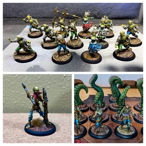 Various undead from Shadows of Brimstone, by Flying Frog. Top: Hungry Dead. Bottom left: a Coffin Breaker. Bottom right: Undead Outlaws (with Tentacles lurking behind them.)

All skin and bones were painted with Plaguebearer Flesh Contrast paint.