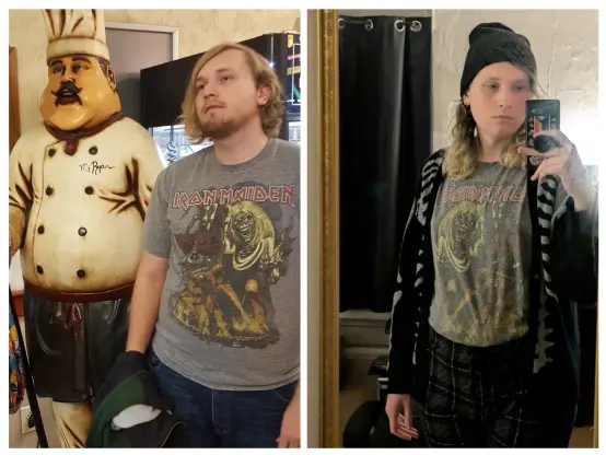Picture on left is of me at a Ryan's buffet in late 2018; picture on right is of me in my bedroom late 2024. Shirt in question is a grey Iron Maiden shirt depicting the Number of the Beast album artwork.