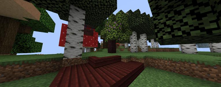 A dark, rich red Azalea wood type is present, alongside a dark red sign with the text "0.15.4". An Azalea tree is present, with a reddish purple log.