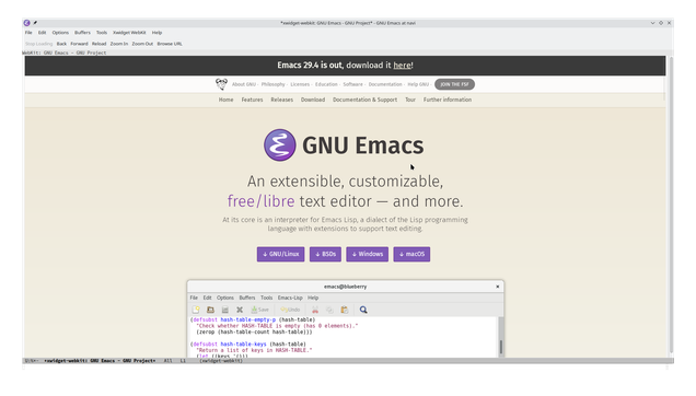 A screenshot of the emacs.org website shown inside emacs using Webkit