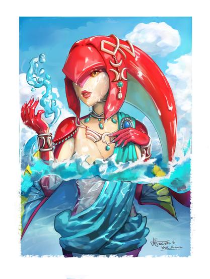 Princess Mipha, a collaboration of two artists in tones of aqua, blue and red.