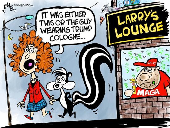 Clay Jones cartoon.  Woman leaving a bar with a skunk, saying, "It was either this or the guy wearing Trump cologne..."