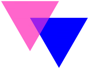 Dois triângulos, um rosa e um azul, dispostos em diagonal de forma que há uma pequena sobreposição roxa em forma de triângulo.