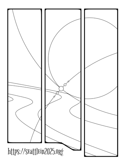 Black and white art of abstract lines, curves, and circles, in an irregular rectangle split into three vertical panels.