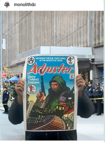 Anarchist logo comic cover of The Adjuster. Shared by user id monolithdc