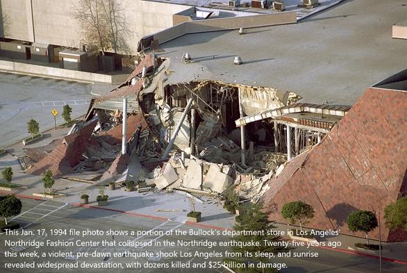 Jan. 17, 1994 file photo shows a portion of the Bullock's department store in Los Angeles' Northridge Fashion Center that collapsed in the Northridge earthquake. Twenty-five years ago this week, a violent, pre-dawn earthquake shook Los Angeles from its sleep, and sunrise revealed widespread devastation, with dozens killed and $25 billion in damage.