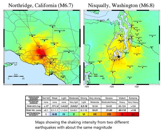 Maps showing the shaking intensity from two different earthquakes with about the same magnitude.