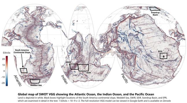 Global map of SWOT VGG showing the Atlantic Ocean, the Indian Ocean, and the Pacific Ocean