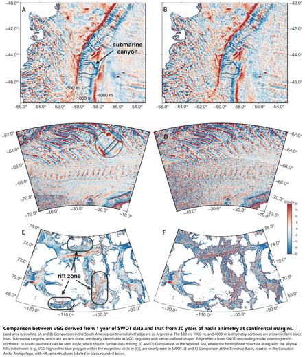 maps - comparison between VGG derived from 1 year of SWOT data and that from 30 years of nadir altimetry at continental margins