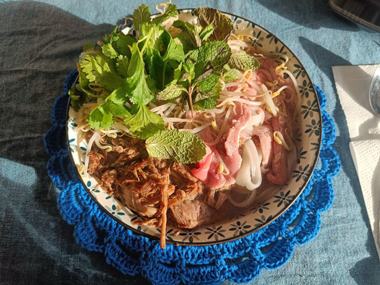 ciotola di pho pronta per essere mangiata. nella ciotola ci sono tagliatelle di riso. brodo di carne, carne lessa, fettine sottili, germogli di soia e foglie di coriandolo e menta fresche