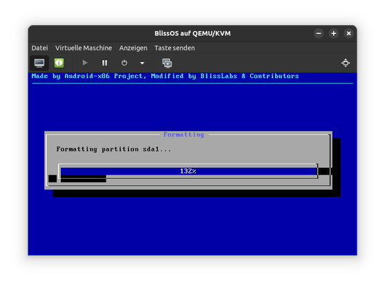 BlissOS running in a virtual box using QEMU.

Installer says: "Made by Android-x86 Project, Modified by BlissLabs & Contributors. Formatting partition sda1... 132%