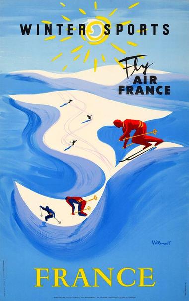 Winter sports is written at the top with a sun behind it. The main image are skiers on white and blue snow mounds.