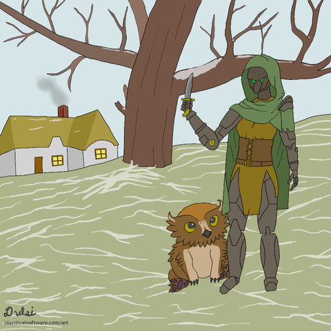 A nice winter scene with a house and tree in the background with some snow. A warforged stands holding a knife with a baby owlbear at her feet.