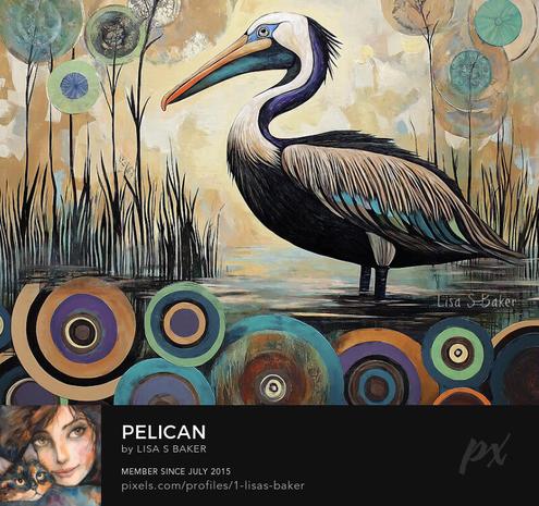 An art print of a pelican standing in the water. The art features swirls and circles to add a whimsical charm to the piece. Art by Lisa S Baker.