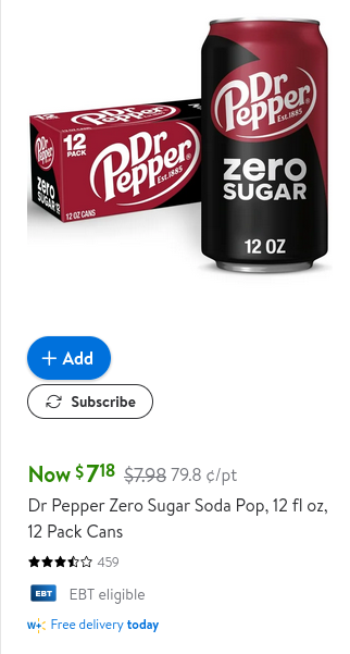 Walmart online showing a 12 pack of 12 oz cans of Dr Pepper Zero Sugar costs $7.18
